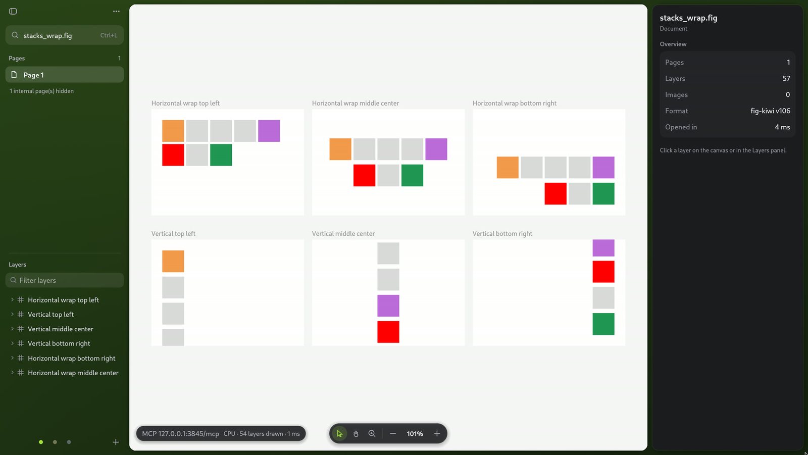 figstudio showing every frame of stacks_wrap.fig with the document overview panel