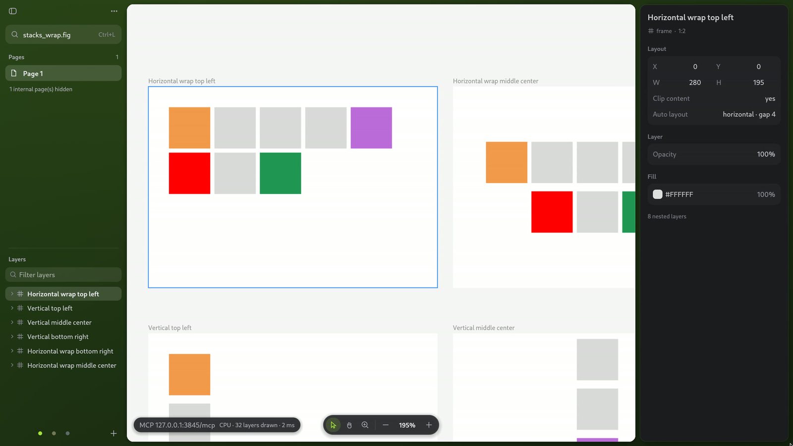 figstudio with the frame Horizontal wrap top left selected and its layout properties shown