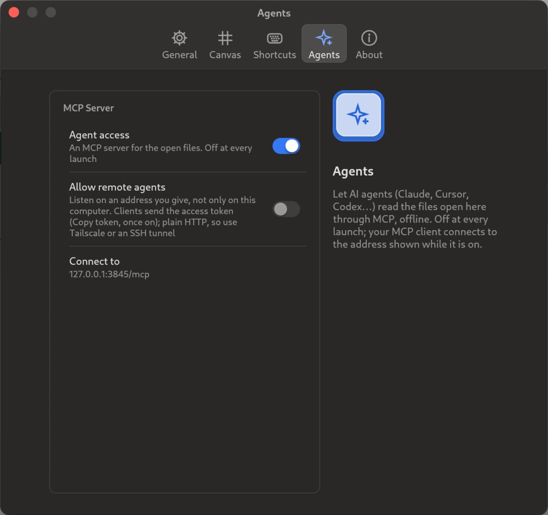 figstudio Settings, Agents tab, with Agent access and the MCP address 127.0.0.1:3845/mcp